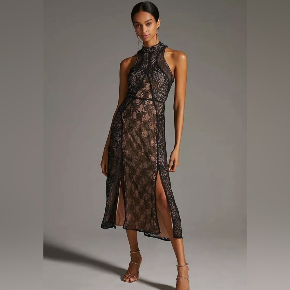 NWT Anthropologie Structured Midi Dress Black Lace